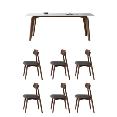White ash stone table with oak chairs combo set