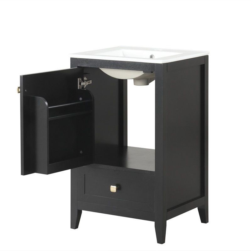 Meuble-lavabo de 20 po avec lavabo, armoire de salle de bain avec porte à fermeture douce, Noir