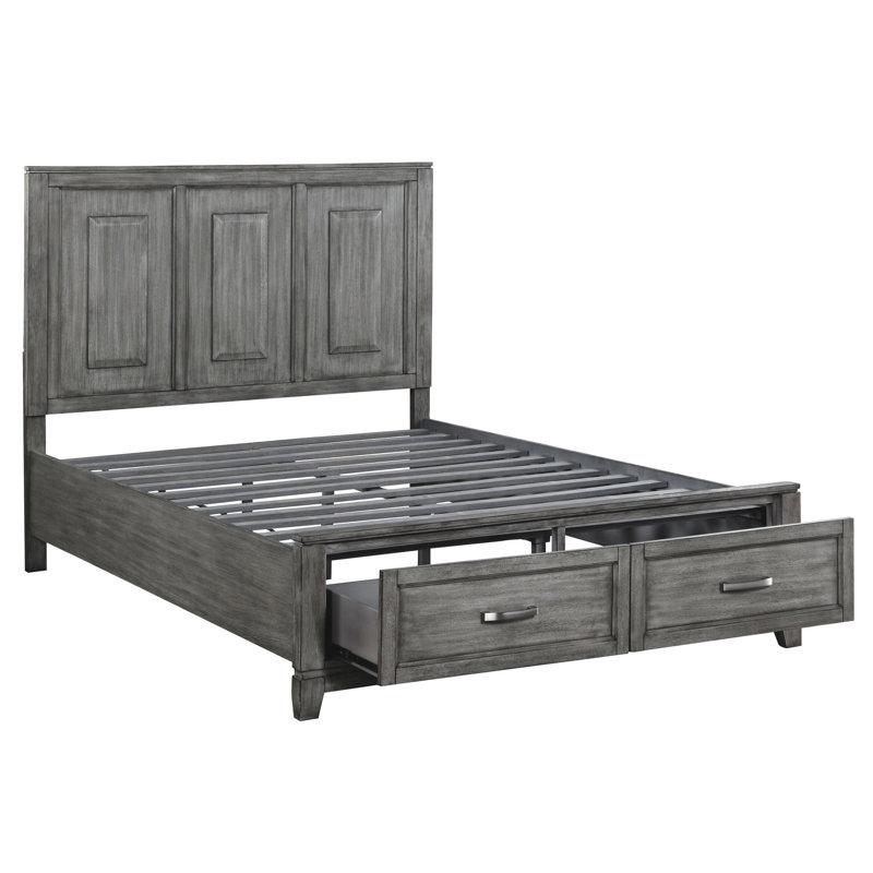 Grand lit plateforme gris avec rangement pratique dans une sophistication rustique