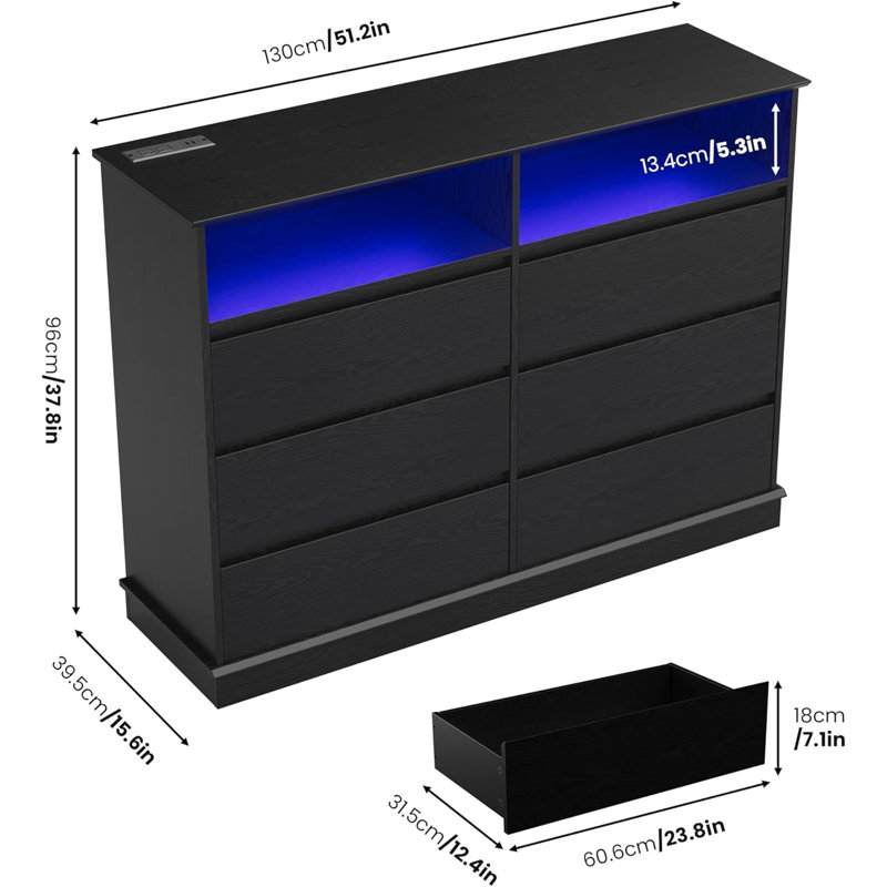 Commode 6 tiroirs pour chambre à coucher avec lumières DEL et station de charge, commode large à 6 tiroirs avec tablette de rangement ouverte pour le salon