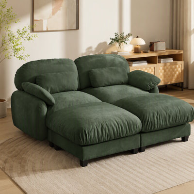 2 Seater Cloud Feel Sofa with Removable Ottoman, Cozy Chenille Modular Couch Set, Deep Seat Free Combination Furniture for Small Living Room, Green