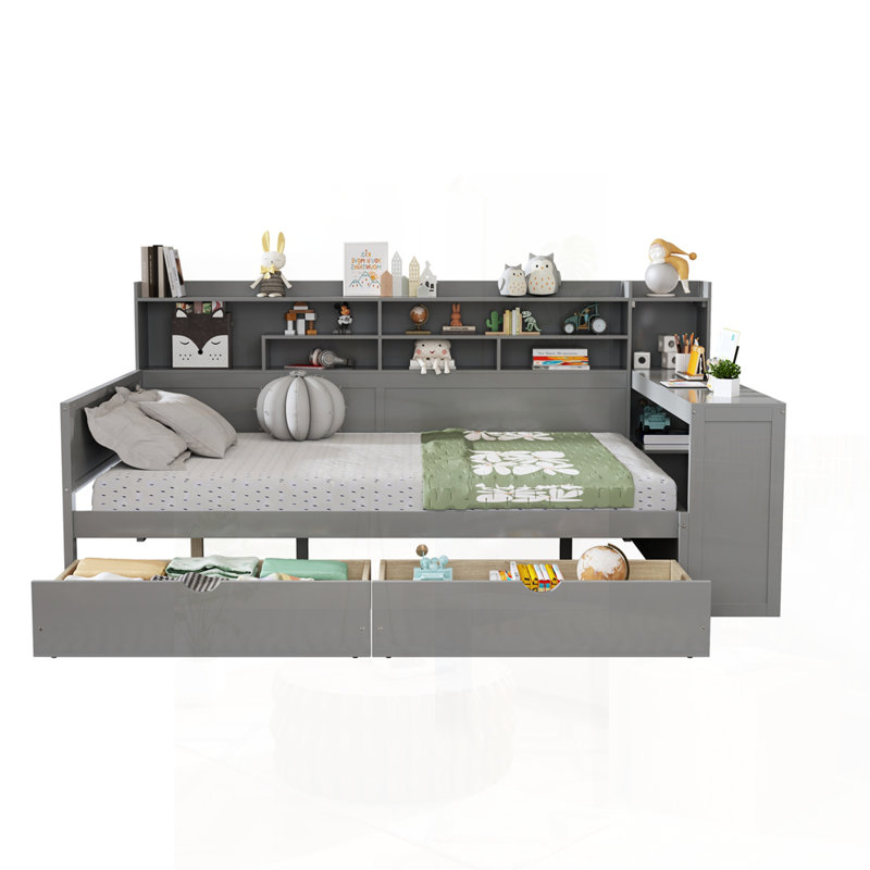 Lit de jour double en bois avec tablettes de rangement, lit multifonctionnel avec deux tiroirs et bureau d'étude, Double