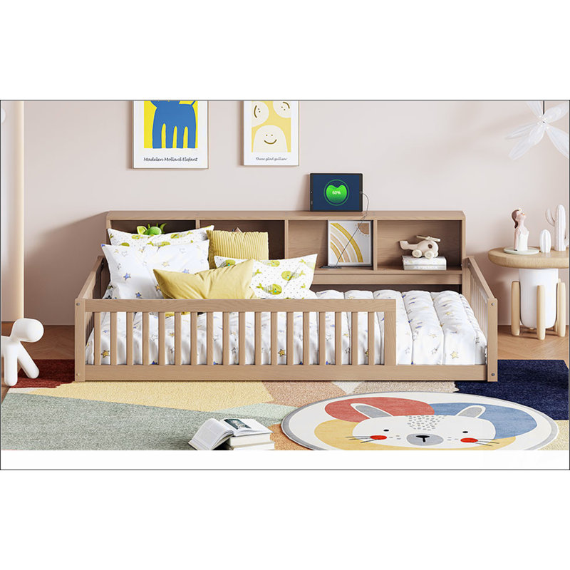 Lit simple en bois de taille très grand avec armoires de rangement spacieuses et ports USB pratiques, brun, Brun