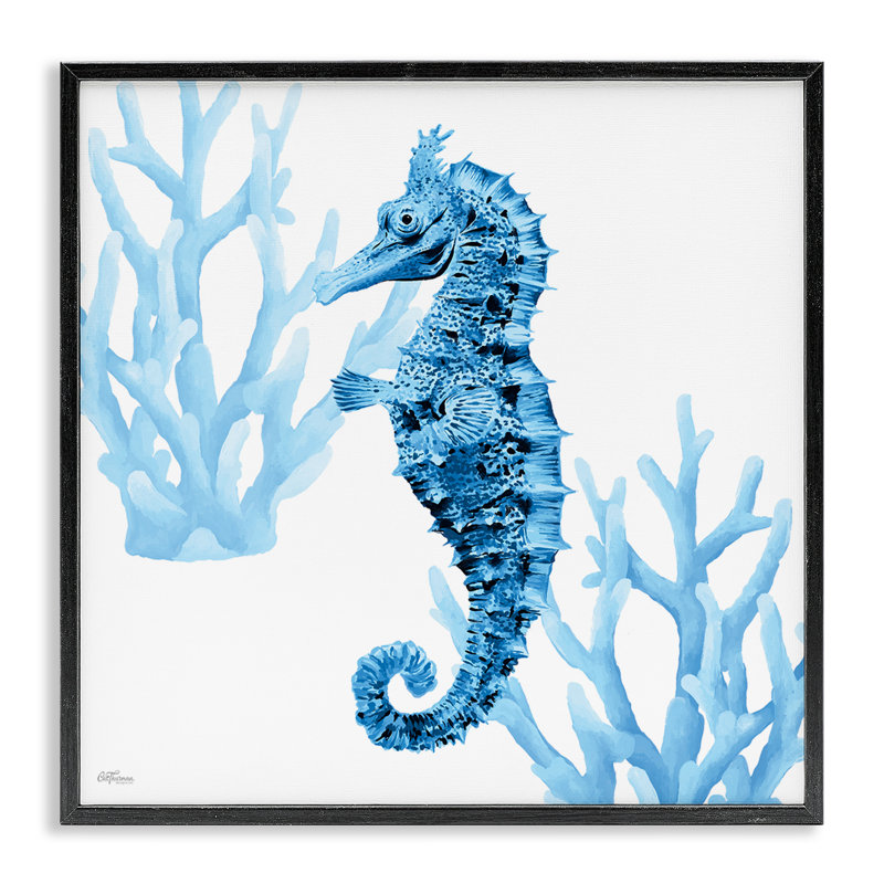 «Blue Tone Seahorse & Coral», dessin de Cat Thurman Designs, Giclée encadrée noir minuit, H 12 po x l 12 po