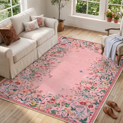     Floral Vintage Washable Pink 5X7 Area Rug with Non Slip Backing - Low Pile Durable Carpet for Living Room, Bedroom, Dining Room or Office Decor