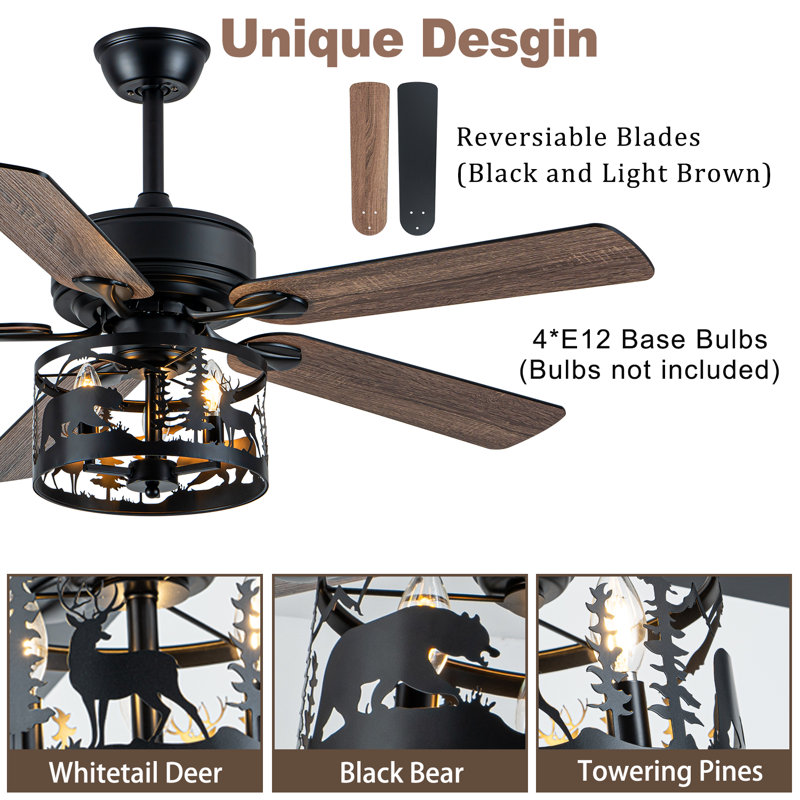 52" Farmhouse Ceiling Fan with Light and Remote, Rustic Ceiling Fan with Deer & Bear Cage
