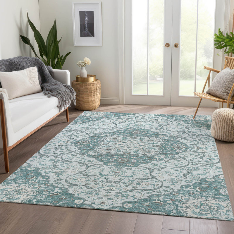 Tapis sarcelle intérieur / extérieur lavable à la machine Claudian ACN1677, Rectangle 5 pi x 7 pi 6 po