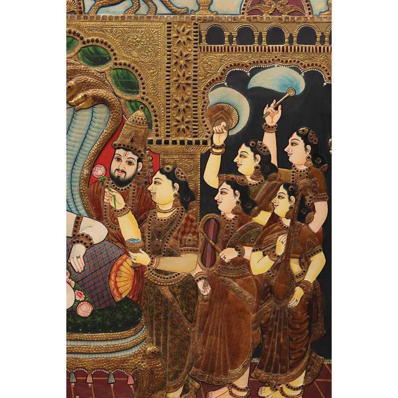 Darbar Krishna assis sous le Sheshnag | Couleurs traditionnelles avec or 24 carats | Sans cadre
