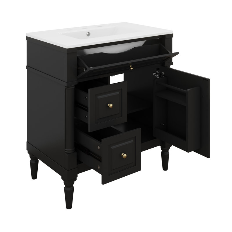 Meuble-lavabo de 30 po avec lavabo, tiroir basculant, portes et support de rangement, meuble-lavabo simple avec tiroirs et tablette réglable