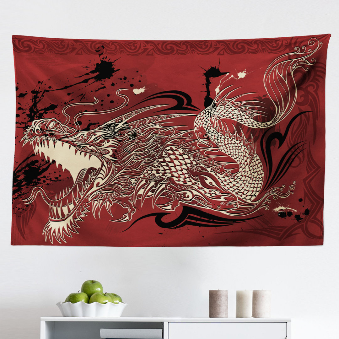 Wandteppich, Japanische Drachen Doodle, orientalisch, Elfenbein und Ruby