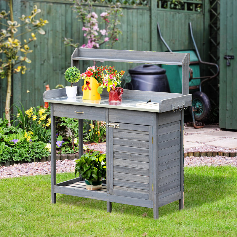 Banc de rempotage extérieur, poste de travail de jardin avec tablette à lattes, poste galvanisé gris, cadre et rangement en bois pour banc, plateau de table en métal