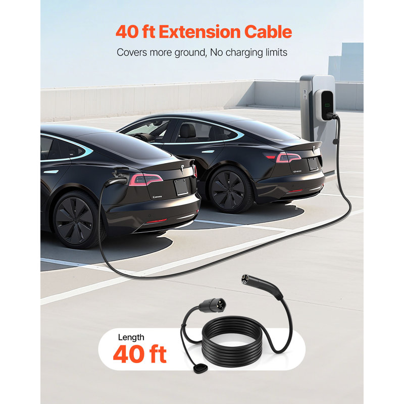 Câble d'extension pour chargeur électrique pour Tesla, 48Amp 40 pi Max 240V 11,52 kW avec prise NACS, cordon d'extension pour chargeur mobile / mural / de destination niveau 1/2 Tesla, modèle Y / X / 3 / S, sac de transport