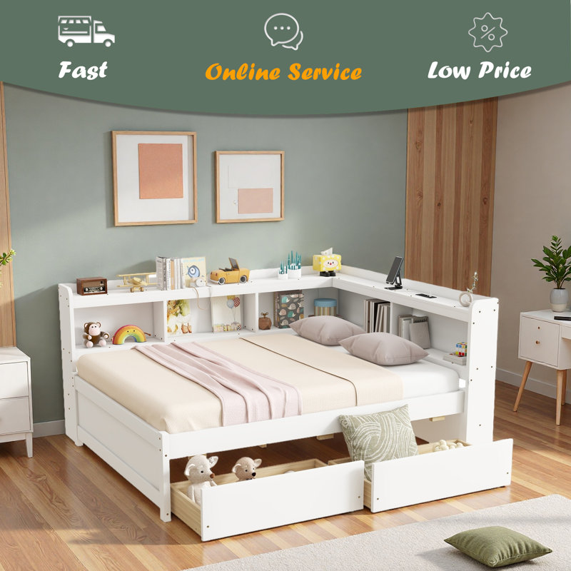 Full Size L-Shaped Bookcases Bed With Power Outlets, USB Charging Ports,Two Drawers, Whtie
