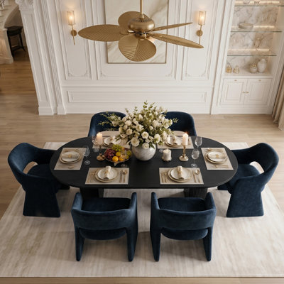 6 - Person Dining Table Sets With Oval Table & 6 Chenille Upholstered Armchairs