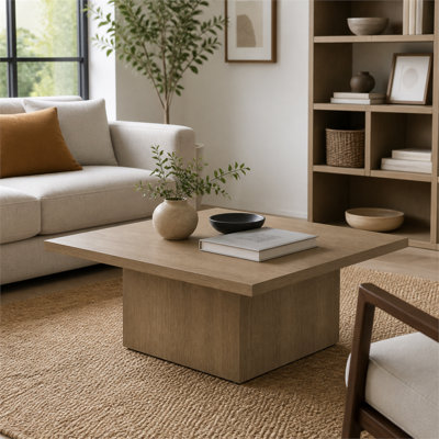 Square Wood Coffee Table, Modern Block Base Coffee Table, Oak Grain Square Center Table for Living Room