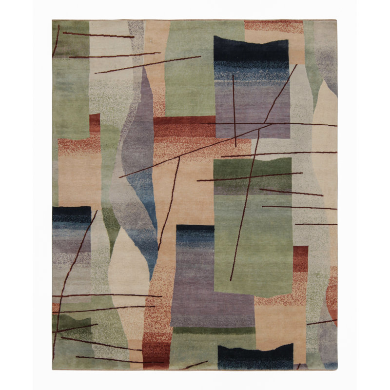 Art Deco Hand Knotted Wool Geometric Area Rug, Rectangle 10' x 14'