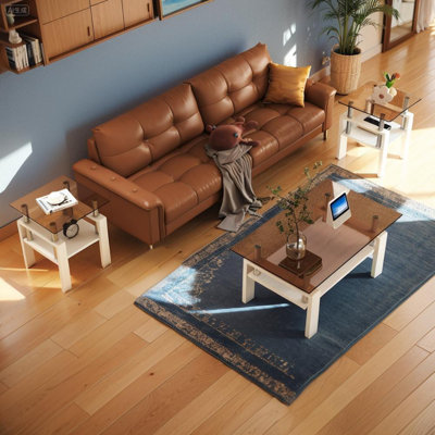 Living room tempered glass tea table combination, 2 sets of square table and rectangular coffee table