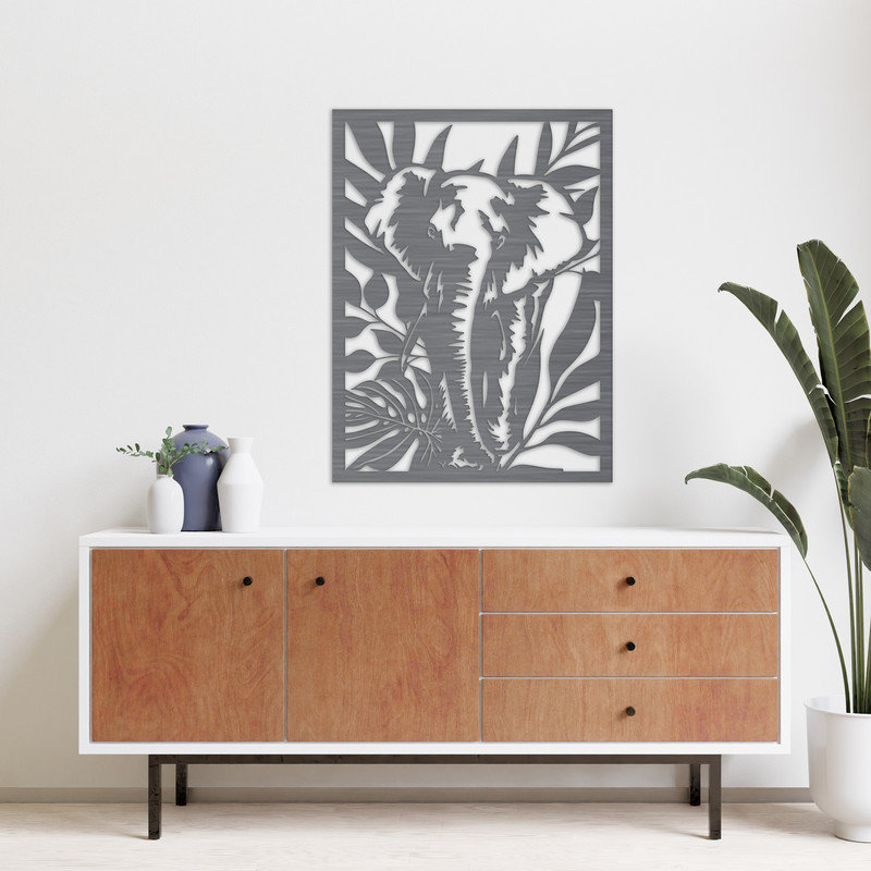 Art mural détaillé détaillé avec éléphant et feuilles d'arbre - ACM blanc (32 po x 24 po), H 32 po x l 24 po x P 0,25 po
