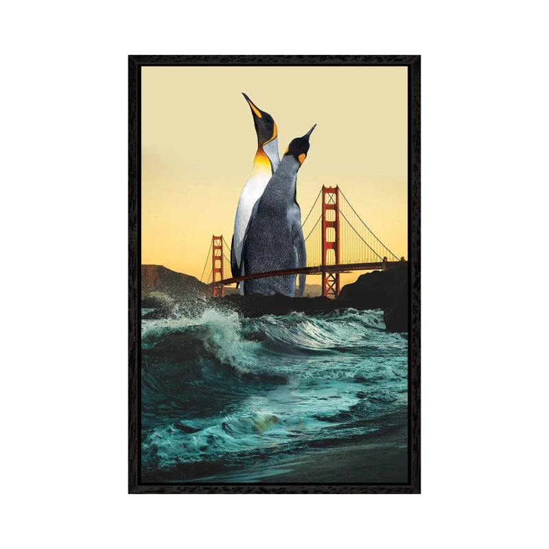 Golden Penguins by David Loblaw - Print on Canvas, Black Framed, 101.6 cm H x 66.04 cm W