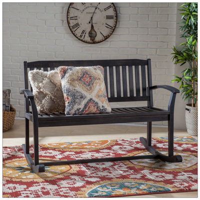 Acacia Wood Patio Rocking Loveseat With Armrests, Slatted Seat And Backrest For Outdoor Relaxation