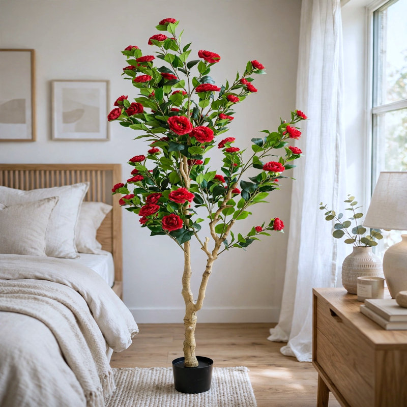 Camélia artificiel de 7 pi avec fleurs rouges dans un pot noir