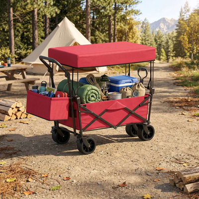 Heavy-Duty 220LBS Large Load Capacity Collapsible Utility Wagon With All-Terrain Anti-Slip Wear-Resistant Wheels, Removable UV-Protective Sunshade Canopy