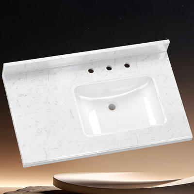 36 po X P 22 po D Comptoir de salle de bain rectangulaire en pierre blanche Carrara avec lavabo droit en céramique Dosseret H