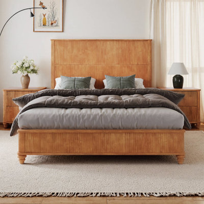 Queen Solid Wood Platform Bed Frame with Tall Headboard, Beige Natural Wood Finish, No Box Spring Needed, 800 lb Capacity, Matching Footboard, Modern Farmhouse Bedroom Furniture