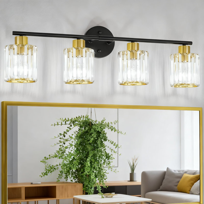 Modern Gold Crystal Vanity Light Fixture, 4-Light Bathroom Lighting For Mirror With Ceramic E26 Socket, ETL Certified Hardwired Fixture For Restroom And Bedroom