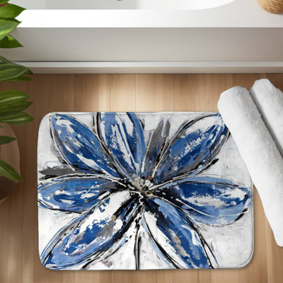 Blue flower Bath Mat with Non-Slip Backing - Quick Dry Memory Foam Bathroom Rug - Absorbent - Modern Plush Spa-Style - Machine Washable