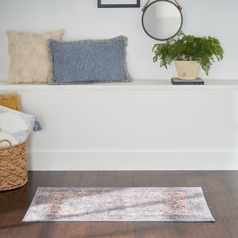 Machine Washable Oriental Blue/Red Area Rug, Rectangle 2' x 3'9"
