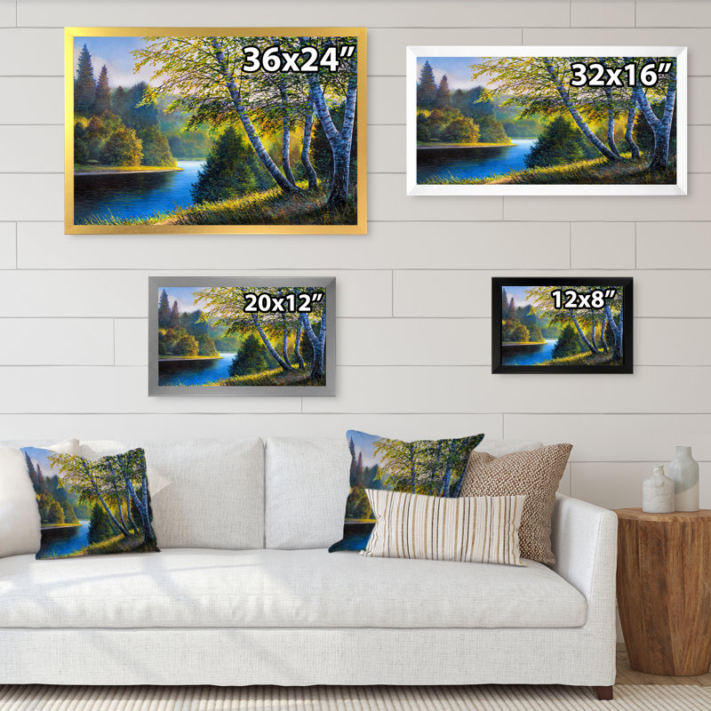 «River Through The Birch Tree Forest V», reproduction sur toile flottante, H 8 po x l 12 po x P 1 po, Cadre photo blanc