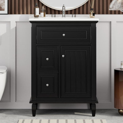 Meuble-lavabo 24 po avec lavabo, meuble-lavabo avec un tiroir rabattable et deux tiroirs, tablette réglable, bois massif et panneau de fibres à densité moyenne, noir