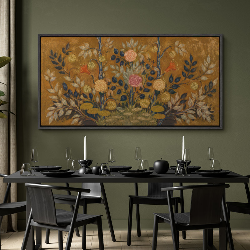 Art floral rétro - impression sur toile encadrée de la chambre principale, H 30 po x l 60 po x P 1,5 po, Black