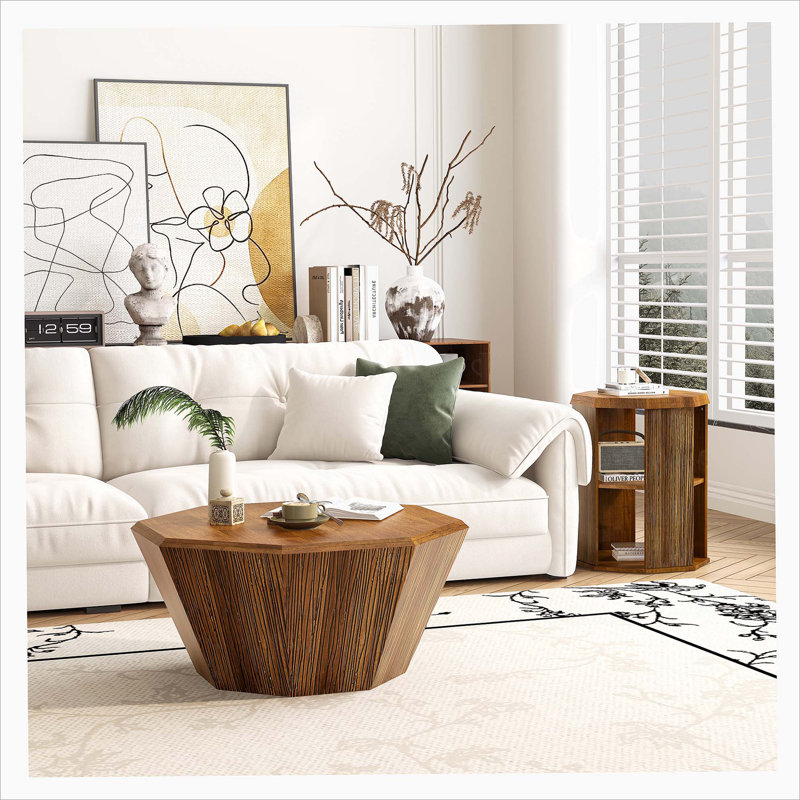31.5 "Octagonal Log Colour  Rubber wood Set of Two Coffee Table, Coffee Table