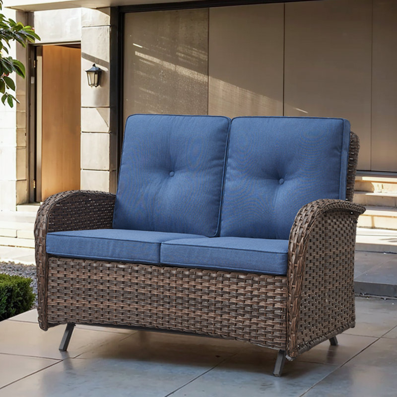 Gaetanino 49.5" Wide PE Wicker Outdoor Patio Glider Loveseat with Cushions, Blue, Brown