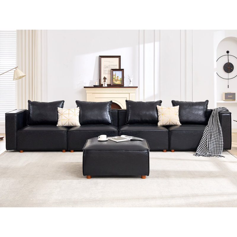 5-Piece 152.76” Wide Leather Upholstered Sectional Sofa, Black Leather