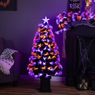 Arbre de Noël artificiel en fibre de pin artificiel à 8 fonctions - 4 pi - noir - orange et DEL mauve
