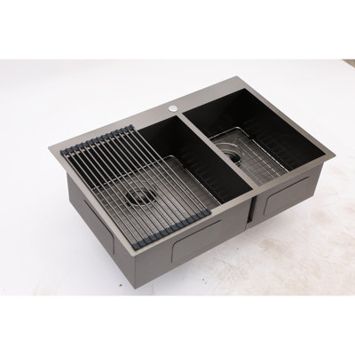 Double Bowl 18 Gauge Stainless Steel Sink 33"X22", Gunmetal Black, Modern And Functional Black Kitchen Gauge, Functionality Upgrade