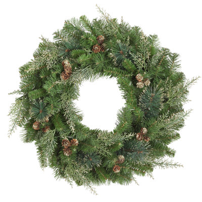 Couronne de pin 24 pouces avec accents dorés et lumières DEL blanches douces sur minuterie