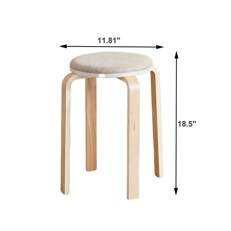 Ensemble de 4 tabourets empilables en bois cintré - Chaises de salle à manger rondes en bois massif avec coussin gris clair pour la cuisine et la salle de classe