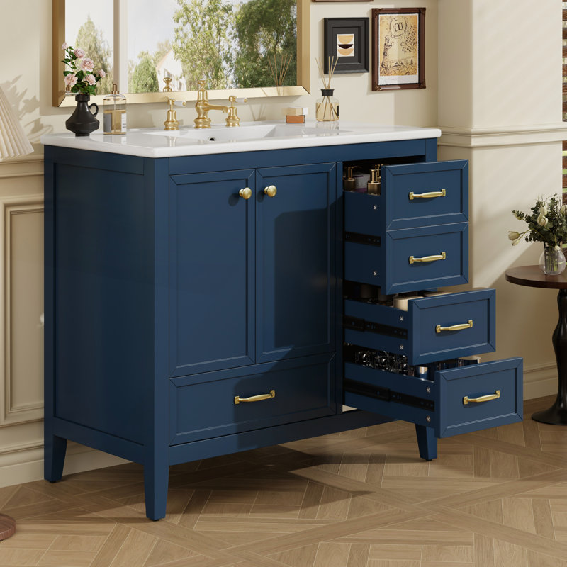 Meuble-lavabo 36 po avec lavabo, portes à fermeture douce, 4 tiroirs, structure en bois massif, ensemble tout-en-un, Bleu