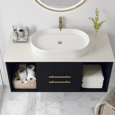 Meuble-lavabo flottant 40 po avec comptoir ovale en céramique 40 po, comptoir en bois massif multi-couches, pour lavabo de salle de bain 40 po, armoire, tablette ouverte, espaces petits à moyens