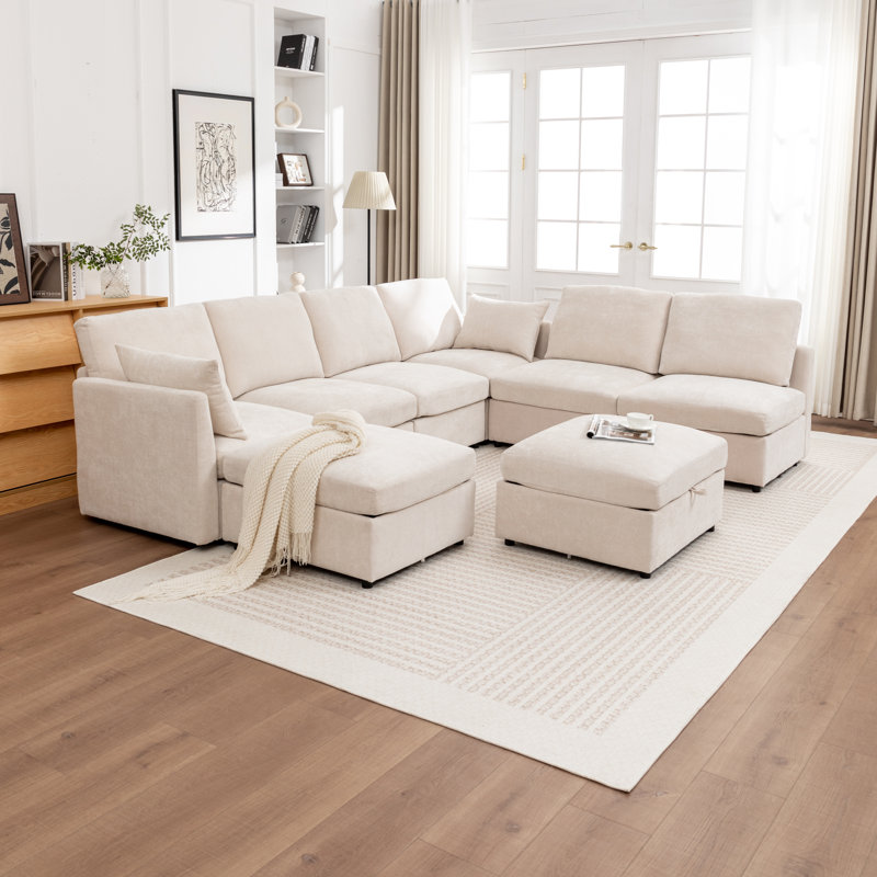 Miller X - Piece Upholstered U-Shaped Sectional Sofa With Two Storage Ottomans, Beige, 33" H x 112" W x 90" D