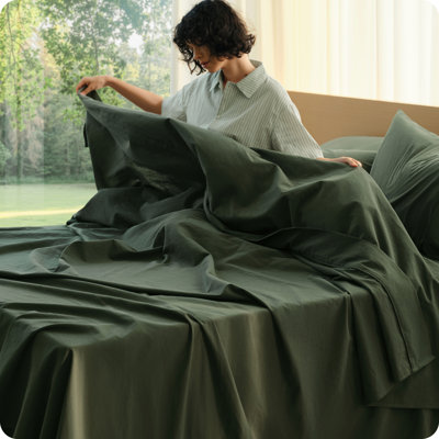 Bedsure 100% Washed Cotton Sheets - Linen Like Textured Percale Sheets Queen Size, 6-Piece Bedsheet Set With 18" Deep Pocket, Breathable & Purewoven Soft Comfy (Olive Green, Queen)