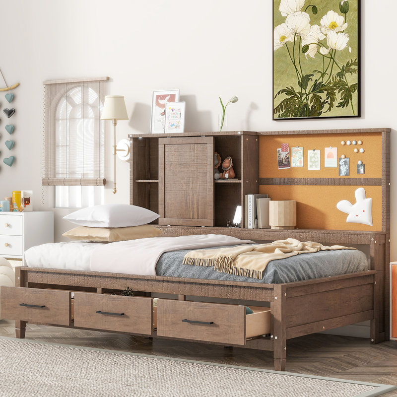 Antique Wood Colored Twin Size Daybed With Shelves, Cork Board, Ports & 3 Drawers - Solid For Bedroom Use 2 In Construction