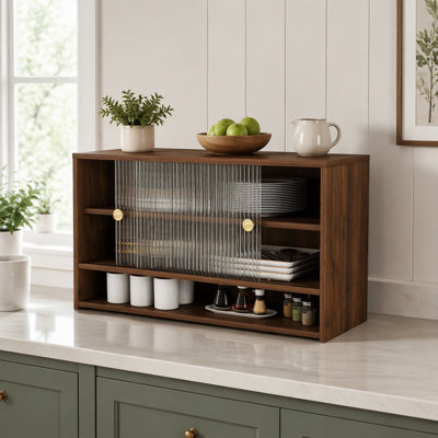 Kitchen Countertop Storage Cabinet, Glass Door Cupboard, Counter Food Organizer for Spice, Coffee Supplies