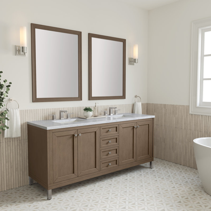 Chicago 72'' W Double Vanity, Walnut Whisper, Carrara White, 8" Widespread