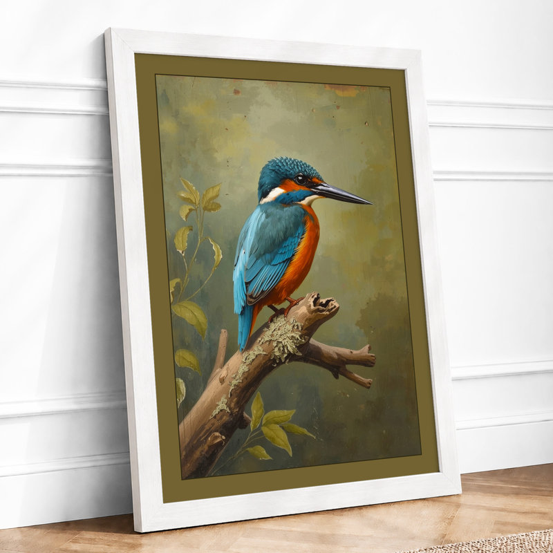 Kingfisher on Branch Japandi - Framed Print, A1 - 84.1 x 59.4 cm, White