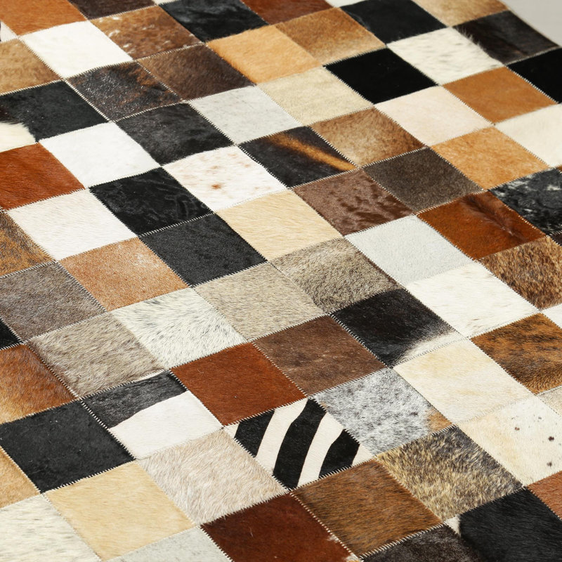 Tapis multicolore en cuir de vache texturé, tapis fait à la main en cuir véritable, Rectangle 6 pi x 9 pi